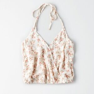 American Eagle Womn S Ivory Floral Boho Festival Crop Wrap Front Halter Tank Top